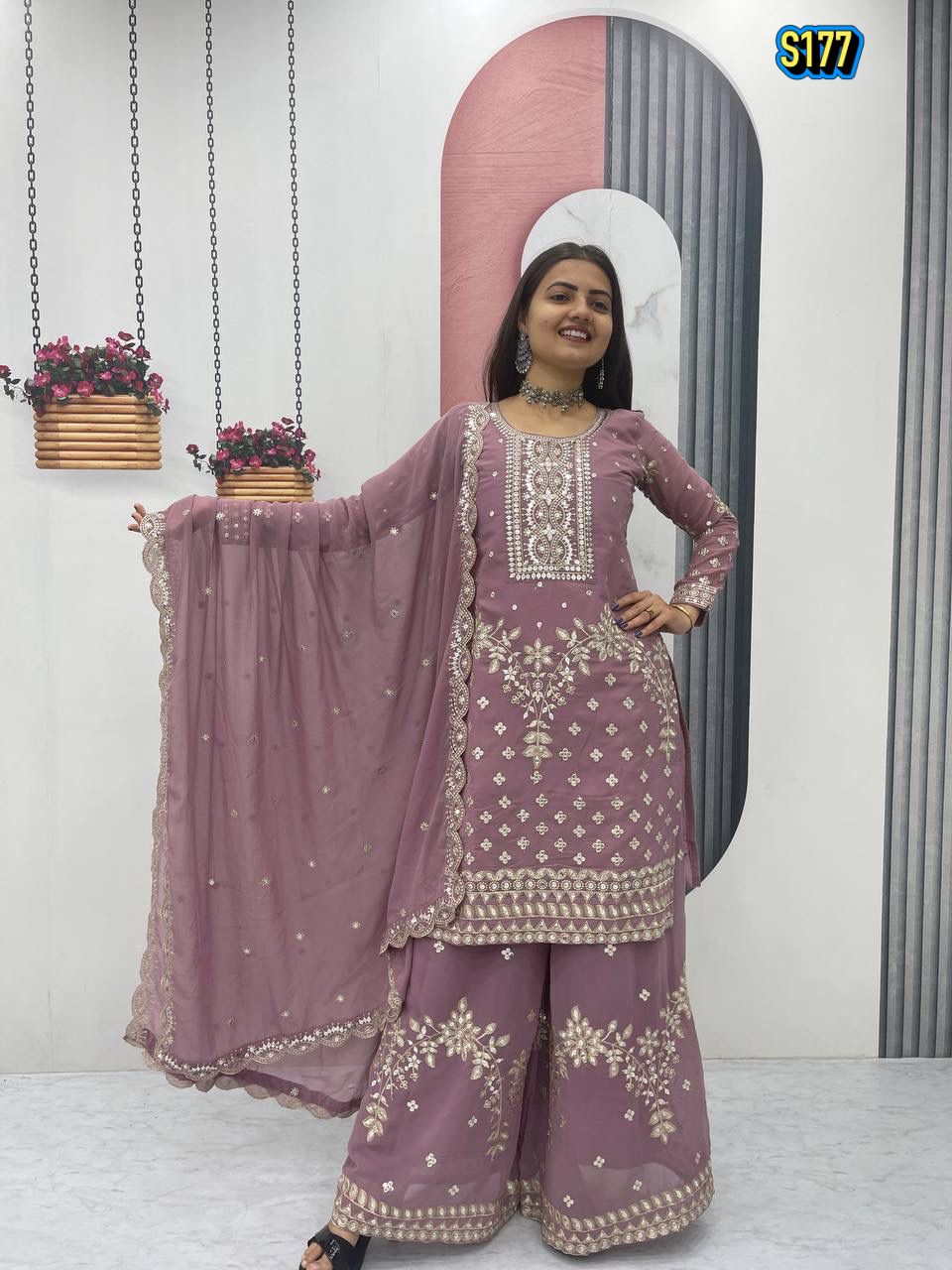 Ggorgeous Mauve Faux Georgette Kurta and Sharara Set with Intricate Embroidery