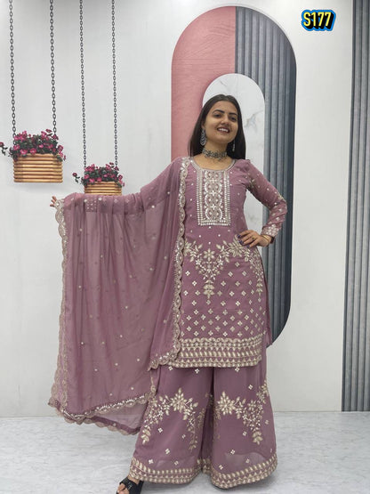 Ggorgeous Mauve Faux Georgette Kurta and Sharara Set with Intricate Embroidery