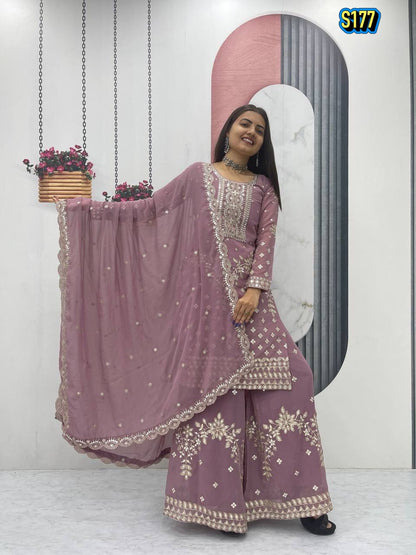 Ggorgeous Mauve Faux Georgette Kurta and Sharara Set with Intricate Embroidery
