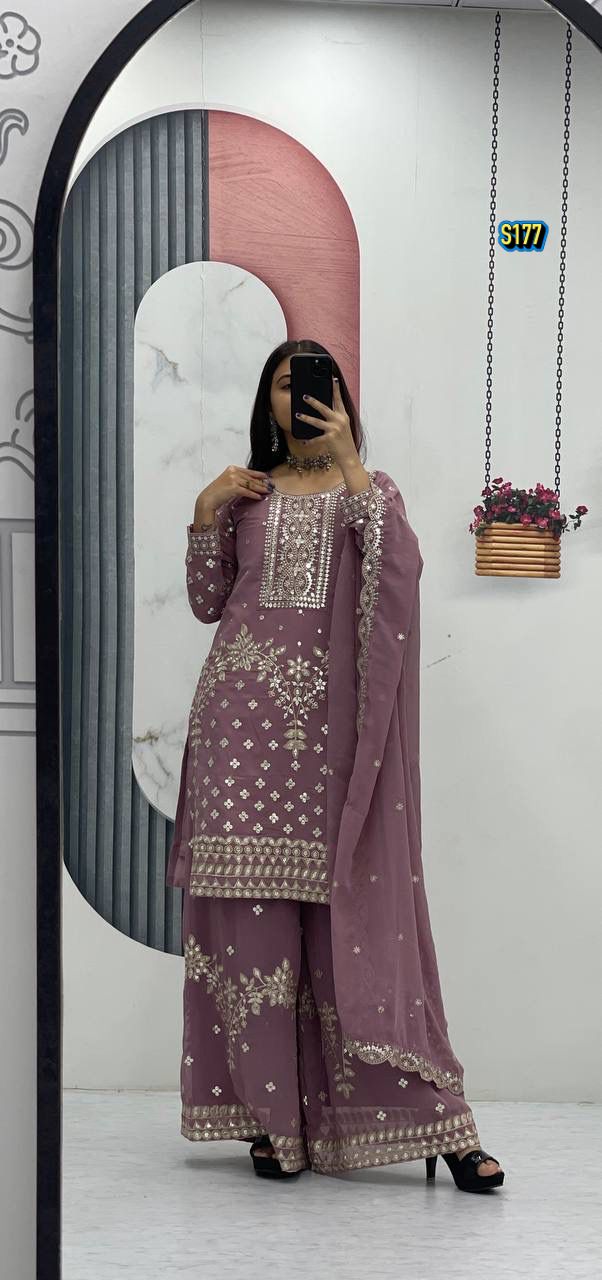 Ggorgeous Mauve Faux Georgette Kurta and Sharara Set with Intricate Embroidery
