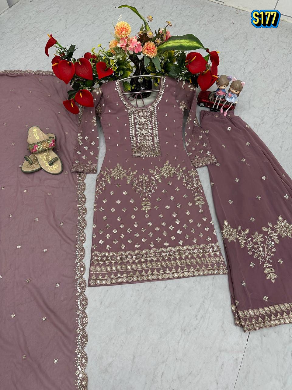 Ggorgeous Mauve Faux Georgette Kurta and Sharara Set with Intricate Embroidery