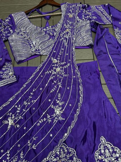 Royal Purple Ready-to-Wear Lehenga Saree with Embroidered Blouse & Drape