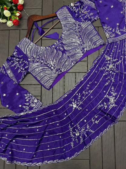 Royal Purple Ready-to-Wear Lehenga Saree with Embroidered Blouse & Drape