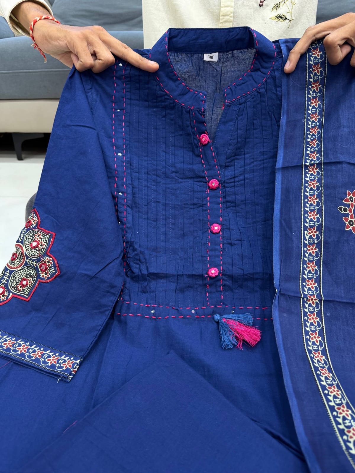 Radiant Navy Blue Pure Cotton Printed Kurta Pant & Dupatta Set for Women
