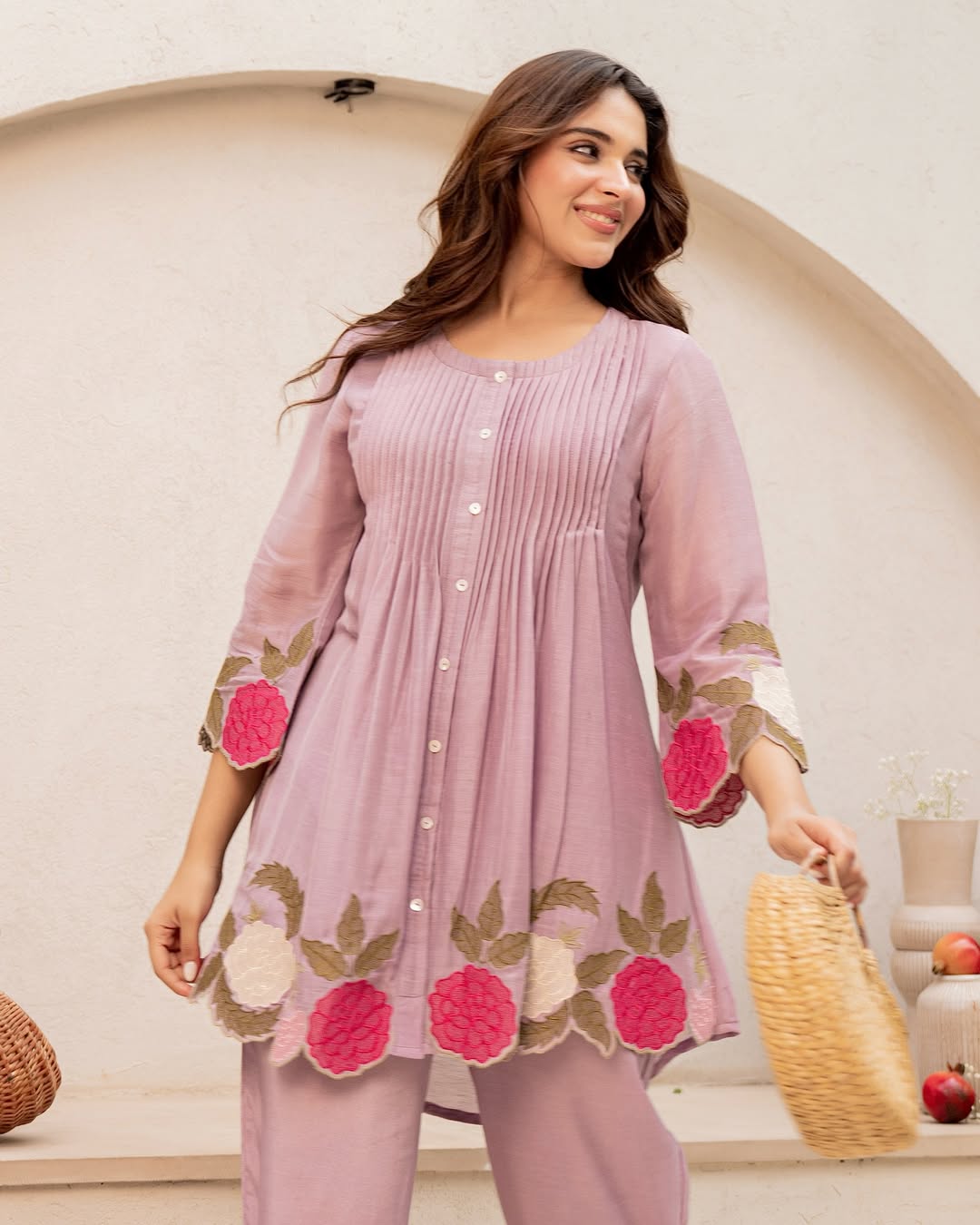 Dusty Mauve Floral Appliqué Kurta Pant Set