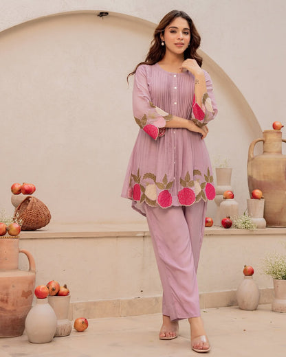 Dusty Mauve Floral Appliqué Kurta Pant Set