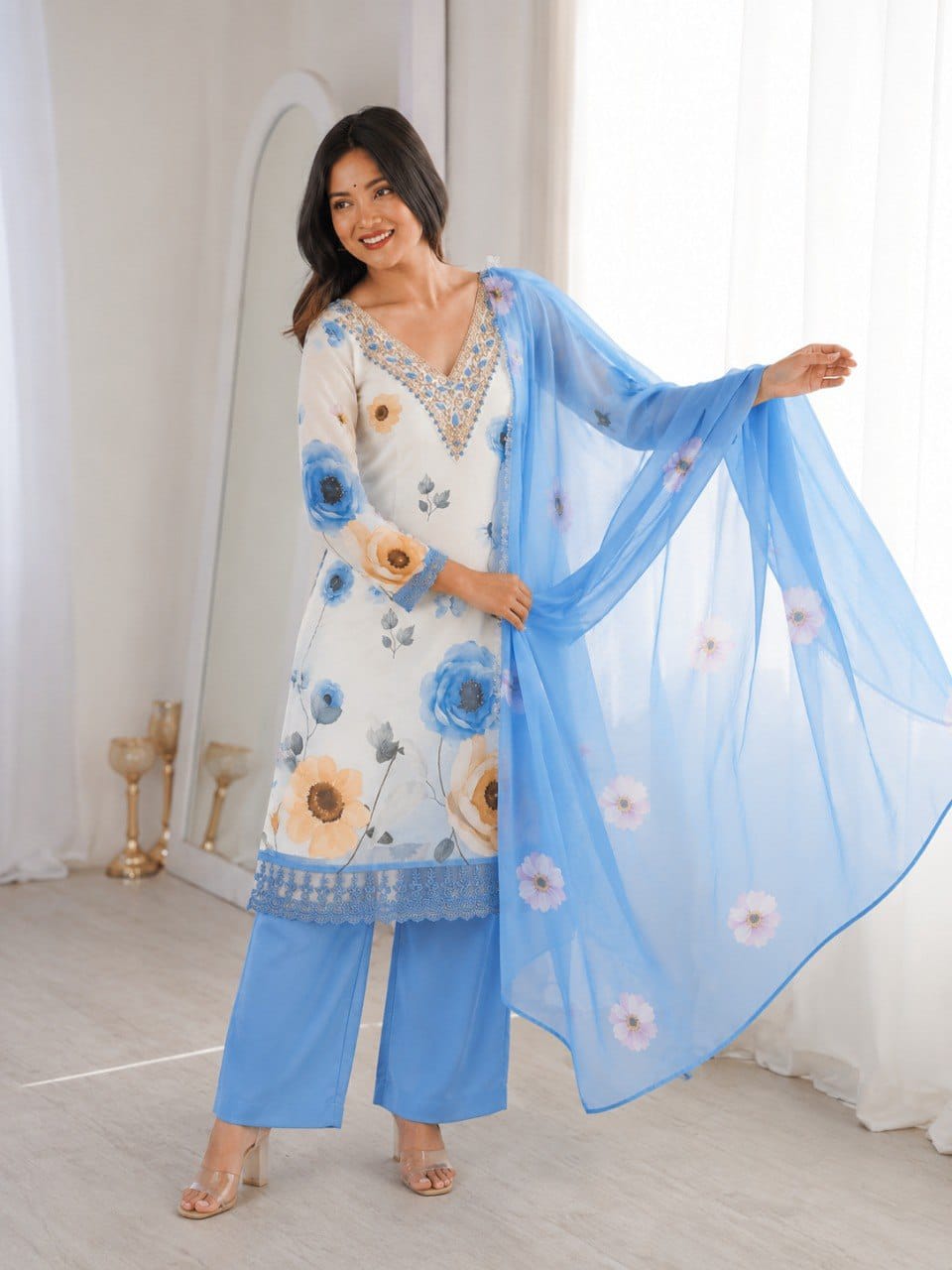 Elegant Soft Cotton Chiffon Designer 3 Piece Suit Set