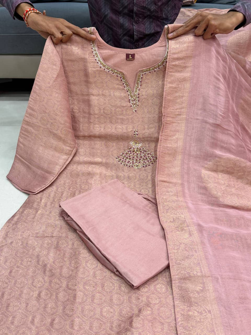 Blush Charm Jacquard Kurta Pant Set