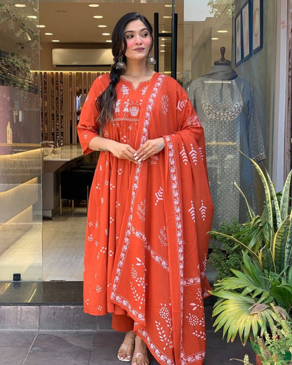 Rust Orange Printed Flared Kurta Suit Set