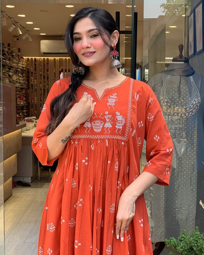 Rust Orange Printed Flared Kurta Suit Set