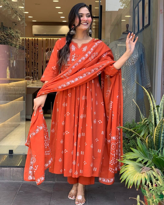 Rust Orange Printed Flared Kurta Suit Set