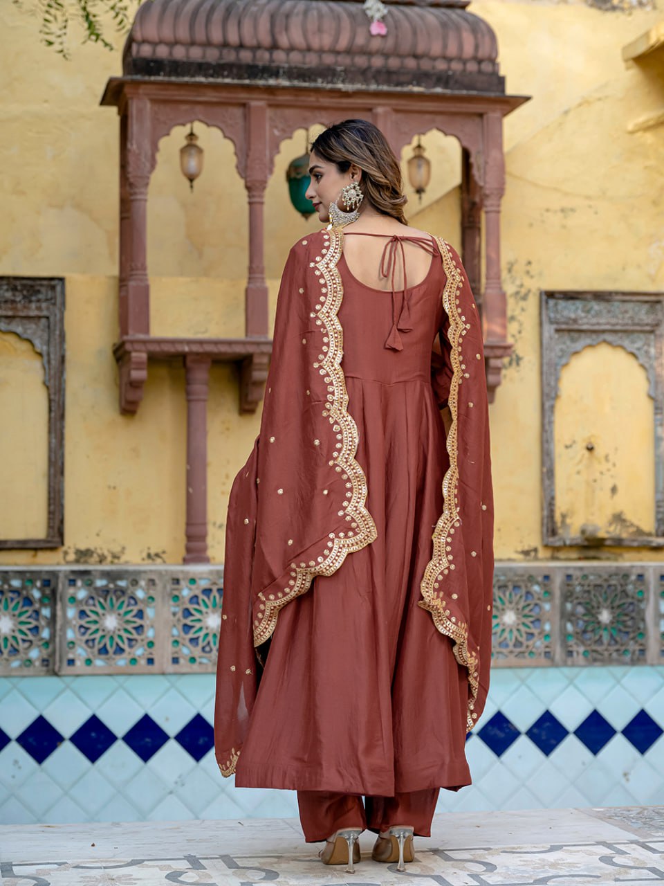 Beautiful Brown Anarkali Suit Set with Scalloped Gota Patti Dupatta
