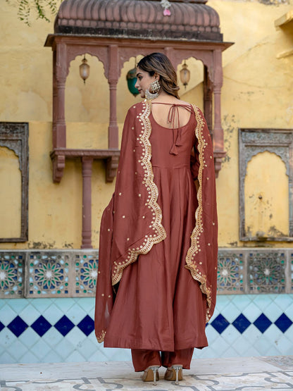 Beautiful Brown Anarkali Suit Set with Scalloped Gota Patti Dupatta