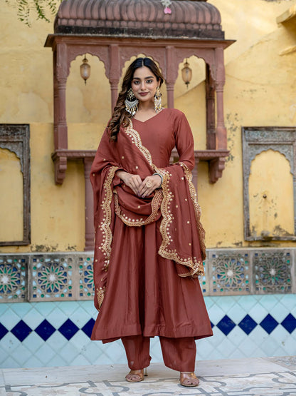 Beautiful Brown Anarkali Suit Set with Scalloped Gota Patti Dupatta