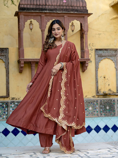 Beautiful Brown Anarkali Suit Set with Scalloped Gota Patti Dupatta