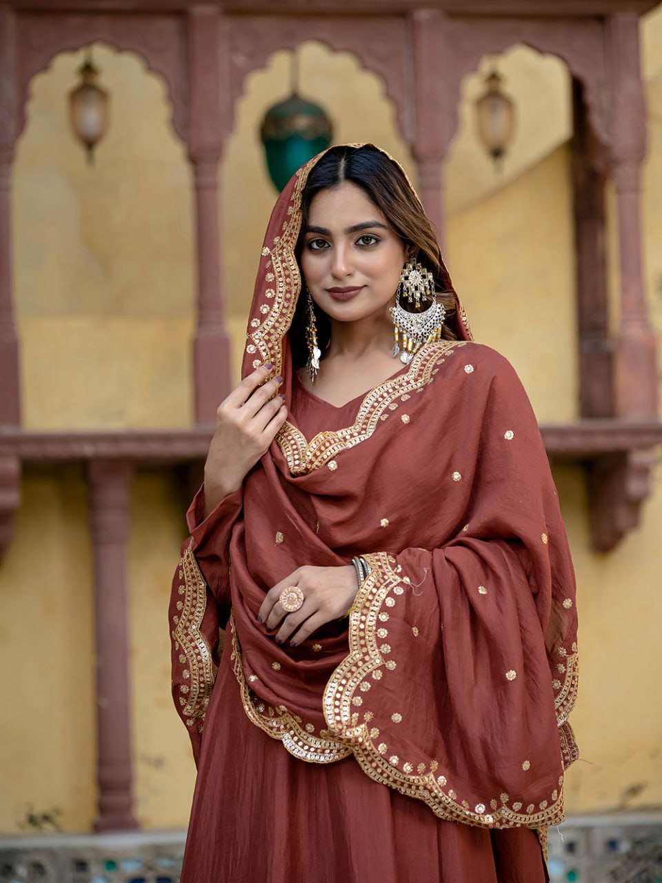 Beautiful Brown Anarkali Suit Set with Scalloped Gota Patti Dupatta