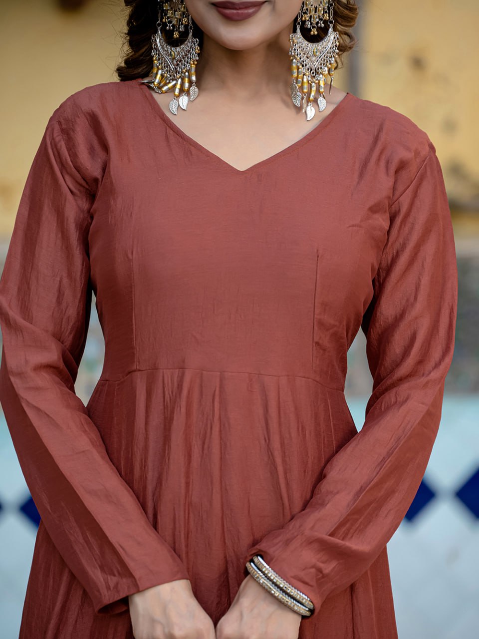 Beautiful Brown Anarkali Suit Set with Scalloped Gota Patti Dupatta