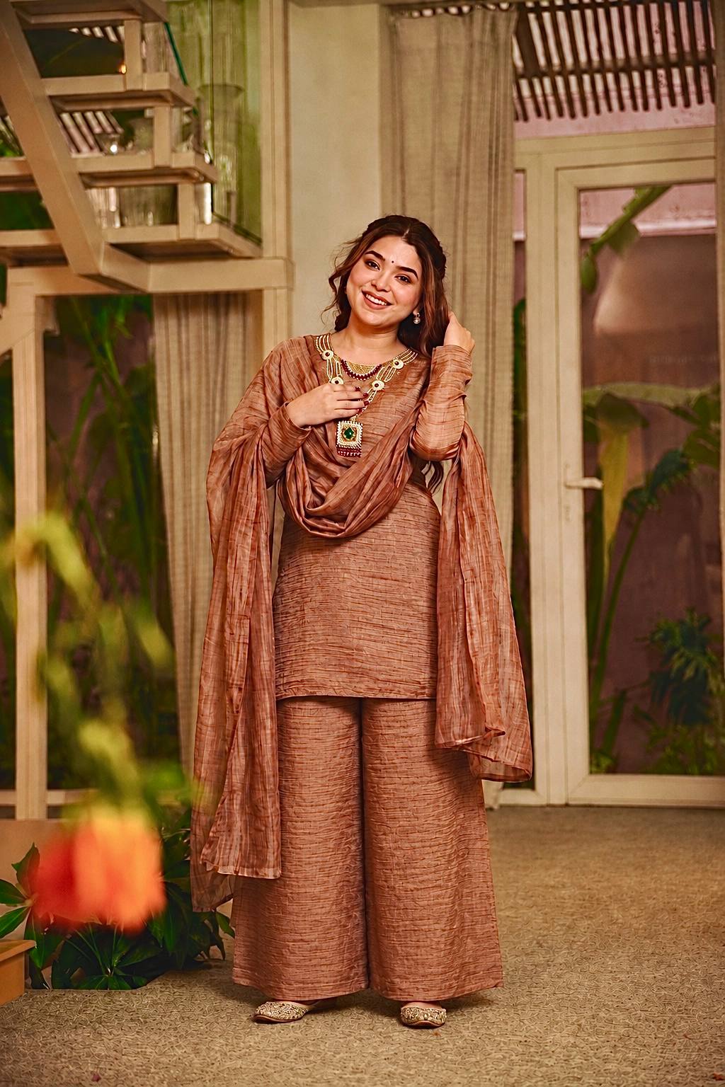 Mocha Grace Textured Palazzo Suit Set