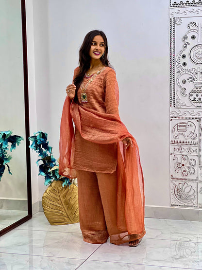 Mocha Grace Textured Palazzo Suit Set