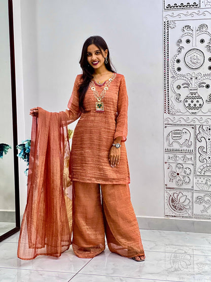 Mocha Grace Textured Palazzo Suit Set
