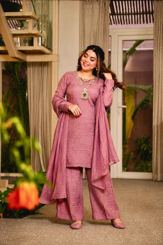 Blush Charm Textured Palazzo Suit Set