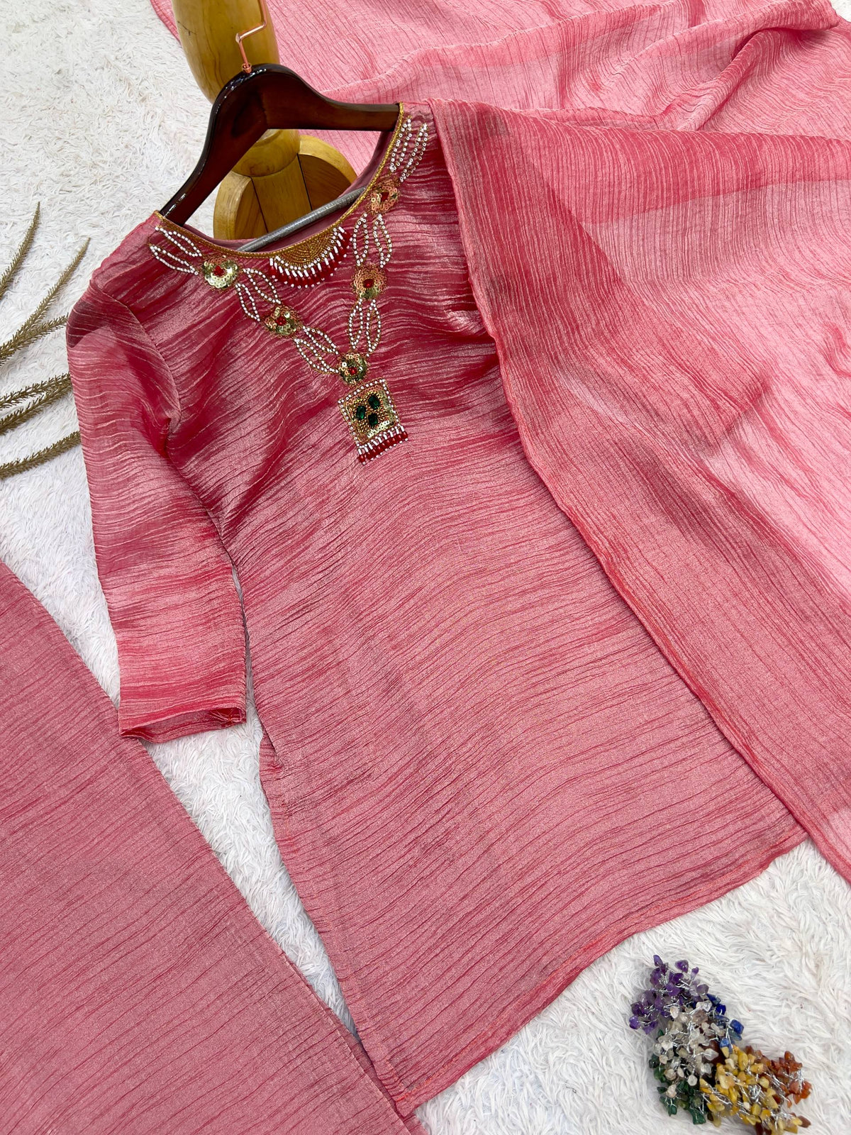 Blush Charm Textured Palazzo Suit Set