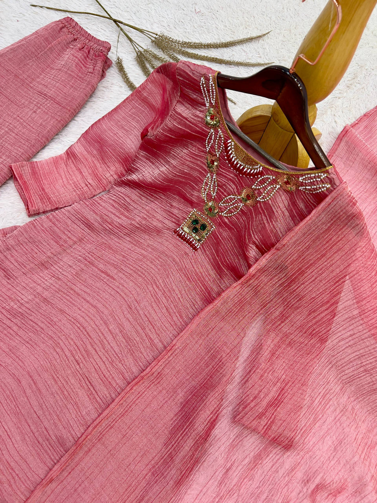 Blush Charm Textured Palazzo Suit Set