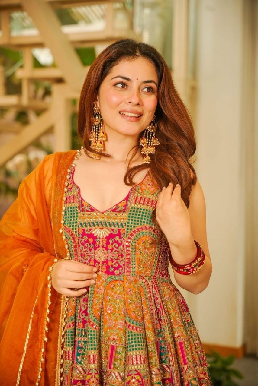 Magnificent Multicolor Chinon Silk Designer Anarkali Gown Set with Heavy Digital Print