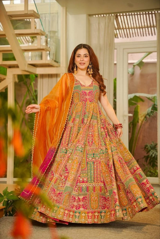 Magnificent Multicolor Chinon Silk Designer Anarkali Gown Set with Heavy Digital Print