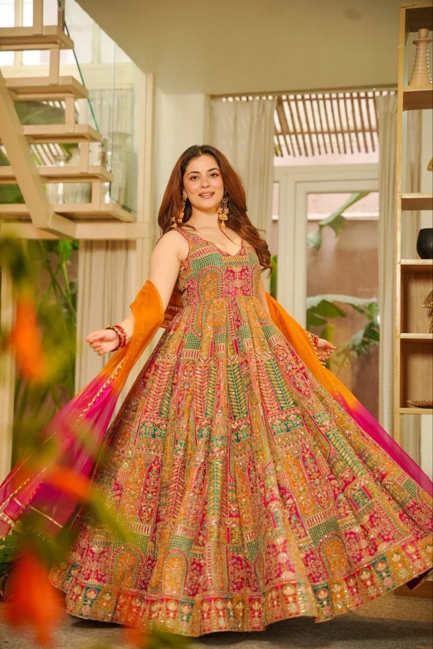 Magnificent Multicolor Chinon Silk Designer Anarkali Gown Set with Heavy Digital Print
