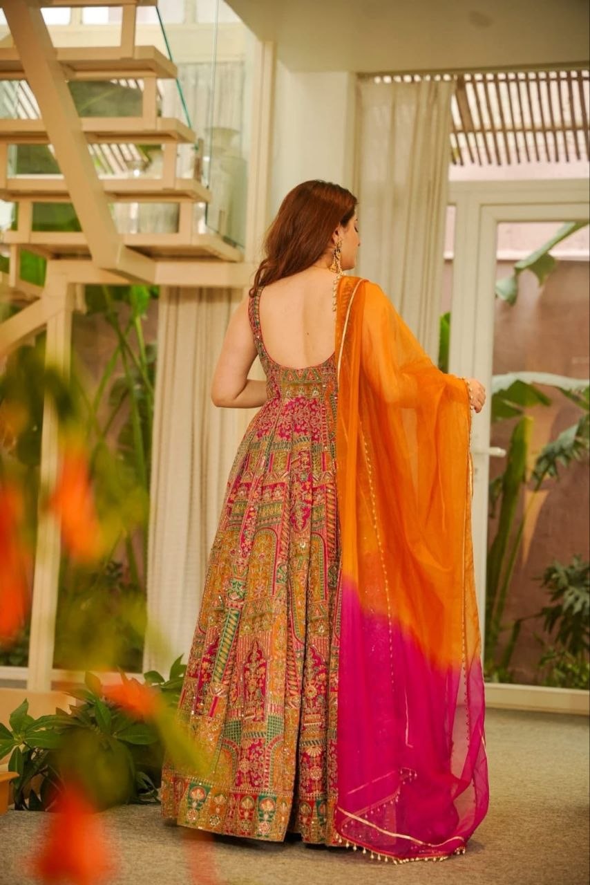 Magnificent Multicolor Chinon Silk Designer Anarkali Gown Set with Heavy Digital Print