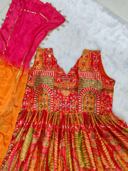 Magnificent Multicolor Chinon Silk Designer Anarkali Gown Set with Heavy Digital Print