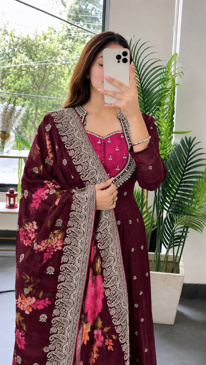 Lovely Wine Floral Dupatta Suit Set