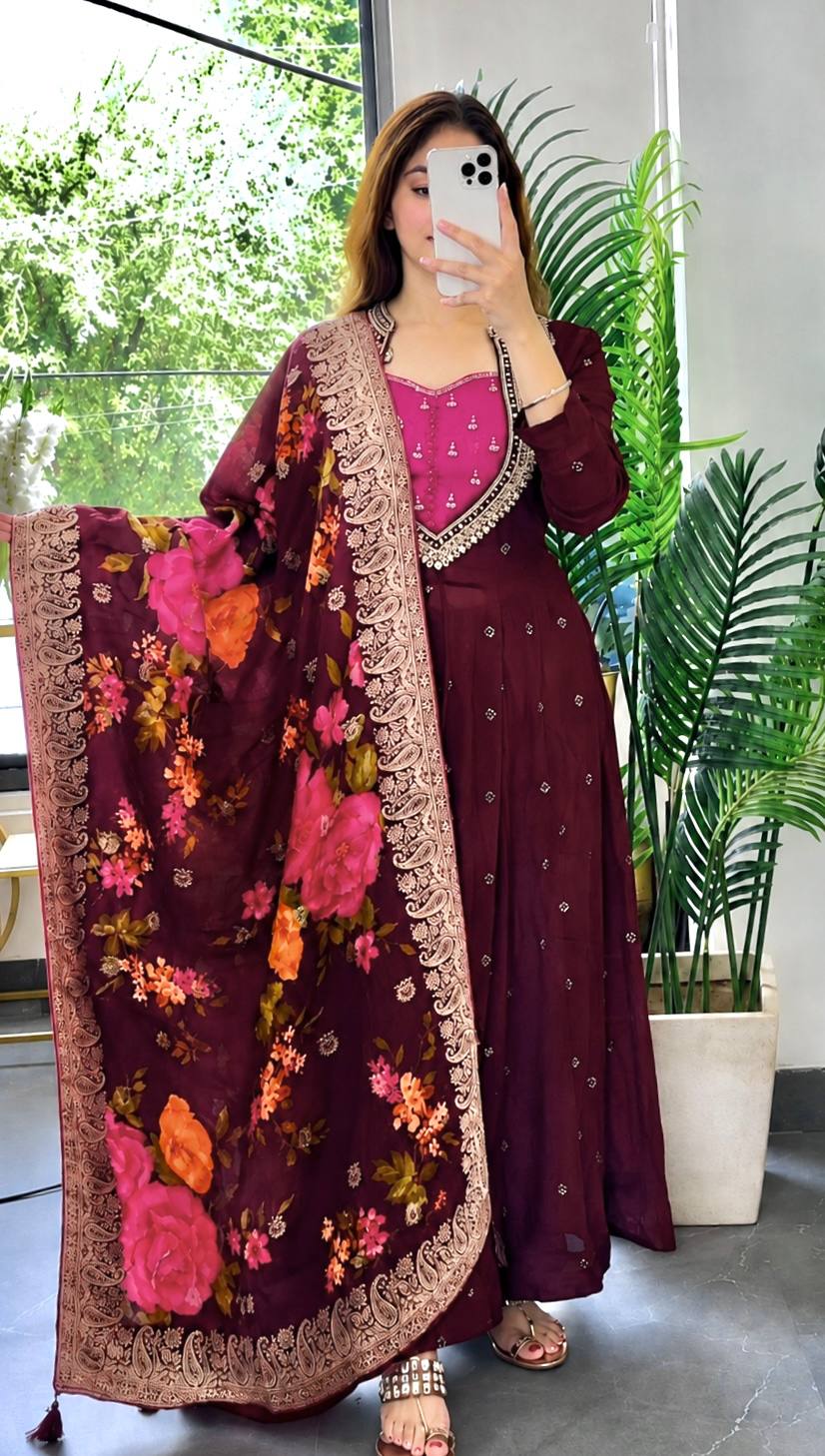 Lovely Wine Floral Dupatta Suit Set