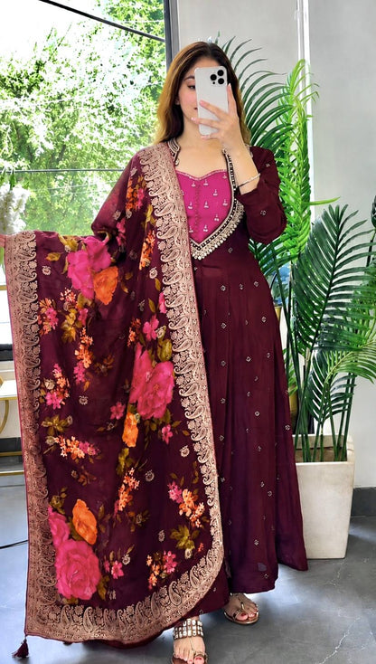 Lovely Wine Floral Dupatta Suit Set