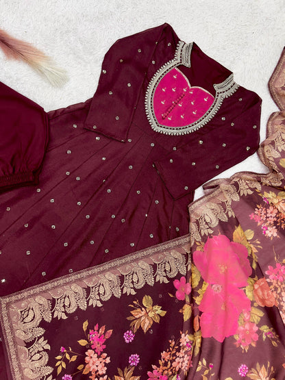 Lovely Wine Floral Dupatta Suit Set