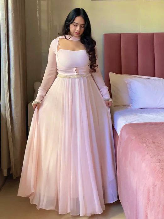 Dreamy Blush Pink Layered Gown with Pearl Embellishments