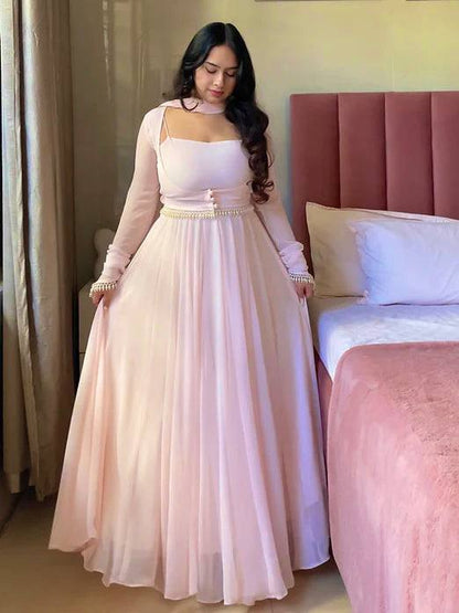 Dreamy Blush Pink Layered Gown with Pearl Embellishments
