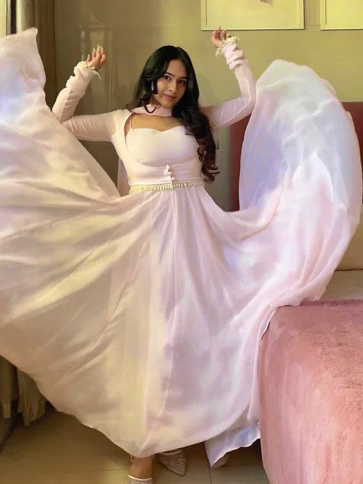 Dreamy Blush Pink Layered Gown with Pearl Embellishments