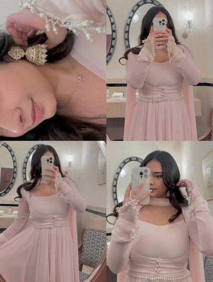 Dreamy Blush Pink Layered Gown with Pearl Embellishments