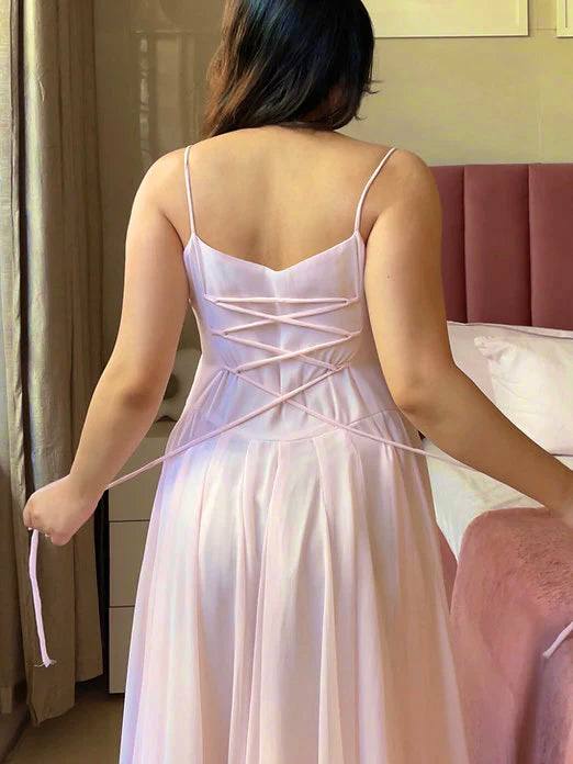 Dreamy Blush Pink Layered Gown with Pearl Embellishments