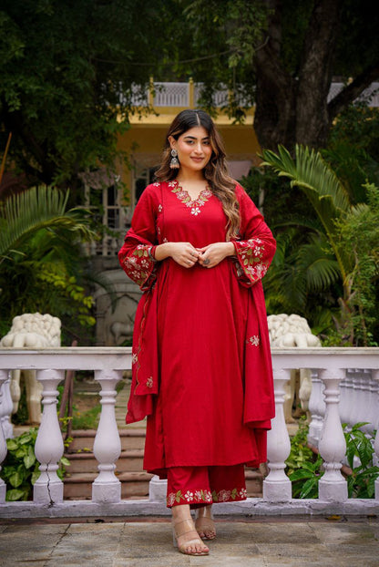 Crimson Red Floral Embroidered Kurta Pant Set