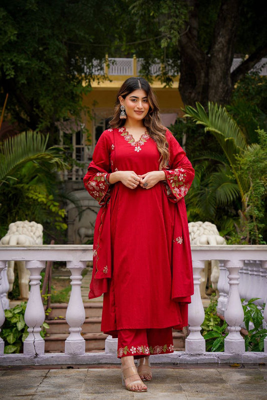 Crimson Red Floral Embroidered Kurta Pant Set
