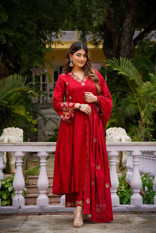 Crimson Red Floral Embroidered Kurta Pant Set
