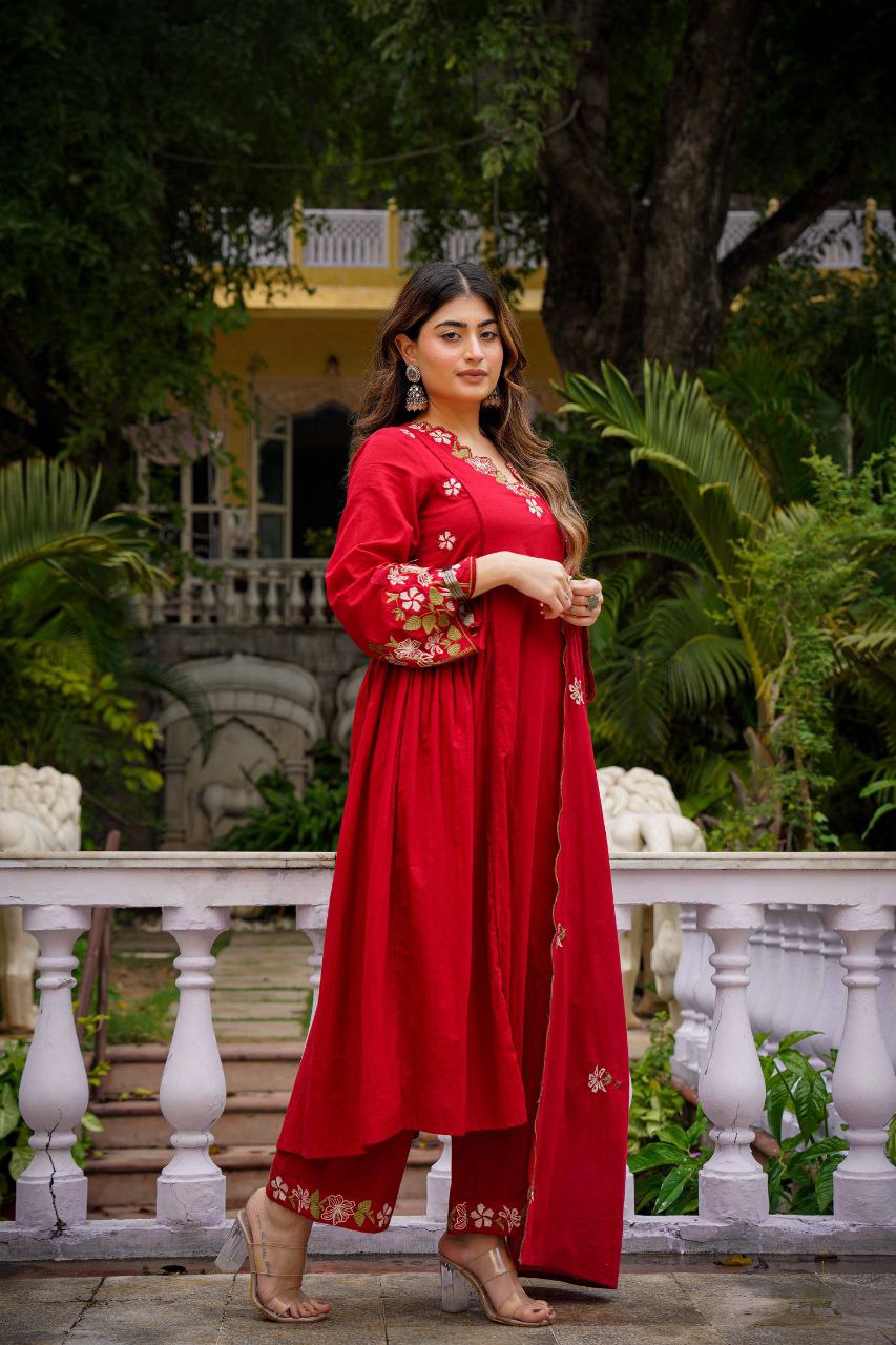 Crimson Red Floral Embroidered Kurta Pant Set