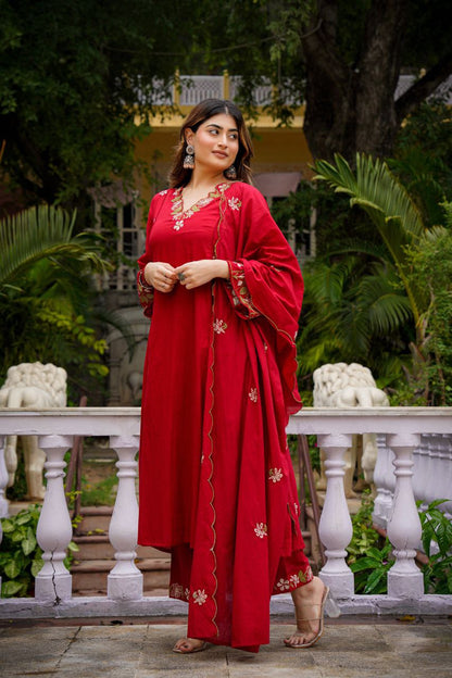 Crimson Red Floral Embroidered Kurta Pant Set