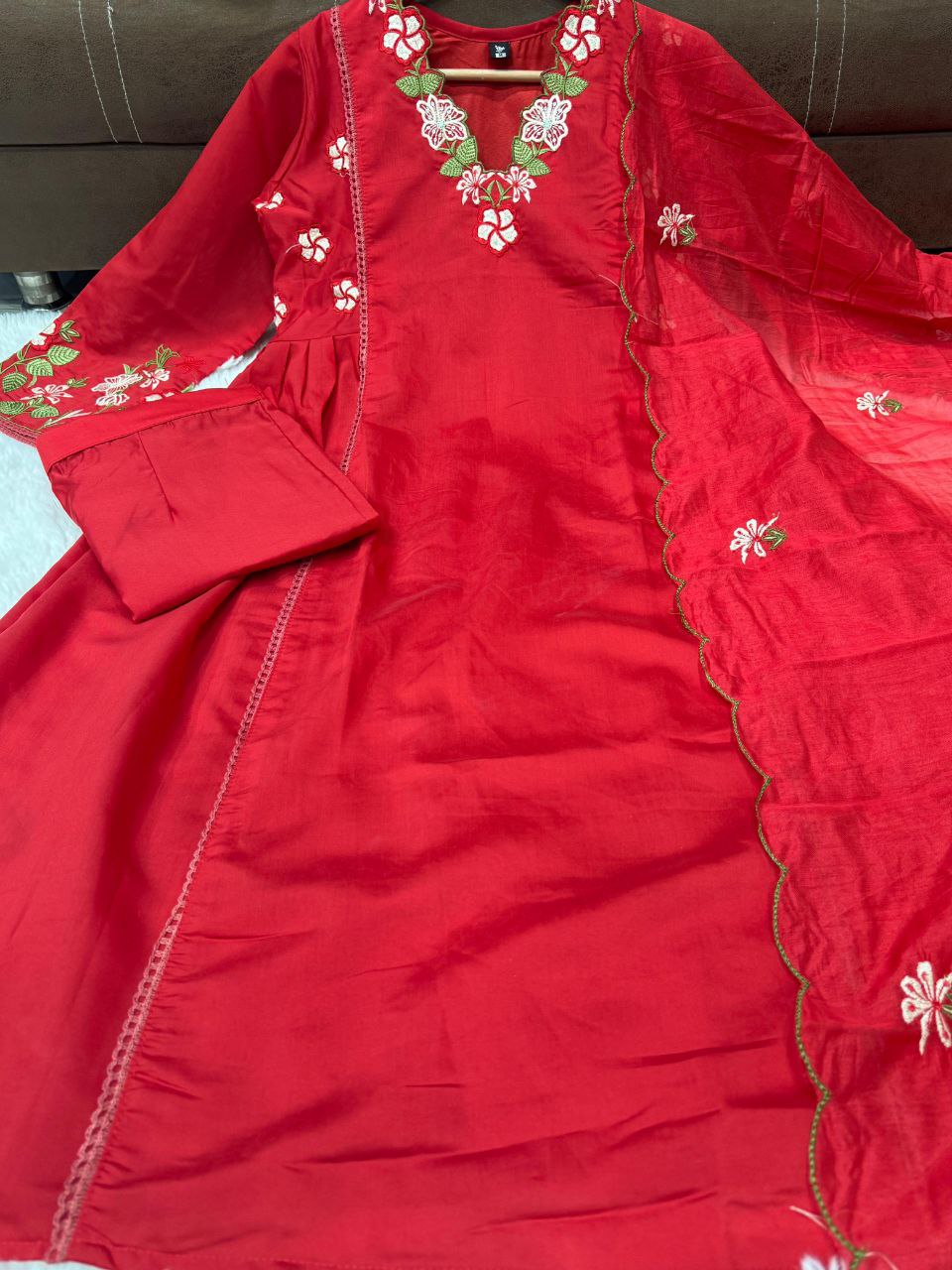 Crimson Red Floral Embroidered Kurta Pant Set