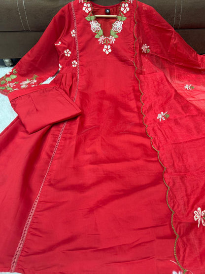 Crimson Red Floral Embroidered Kurta Pant Set
