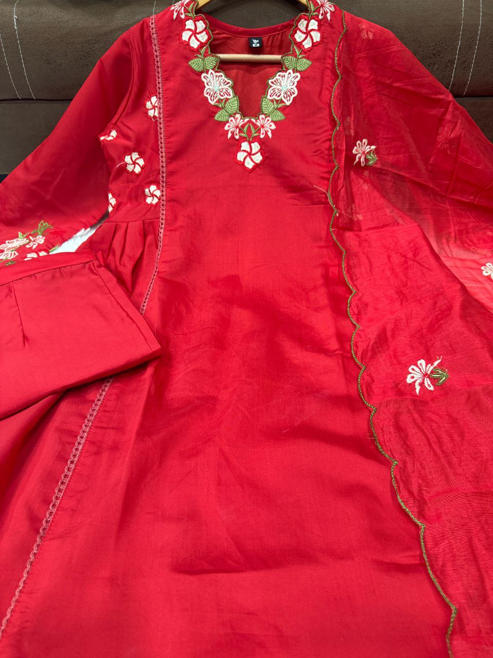 Crimson Red Floral Embroidered Kurta Pant Set