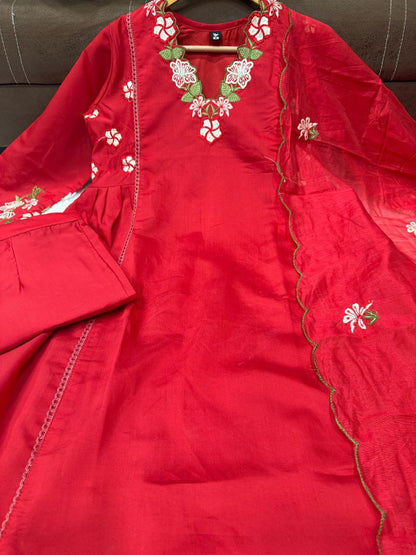 Crimson Red Floral Embroidered Kurta Pant Set
